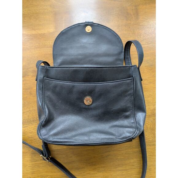 Black Leather Crossbody Bag Gold Wishbone Clasp Vintage Adjustable Antonia - Picture 2 of 8